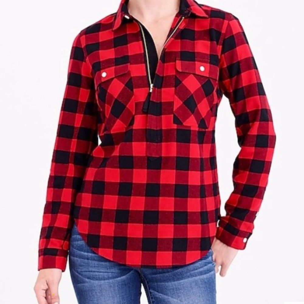 {J. Crew} Red Zip Flannel Pullover Sz XXS